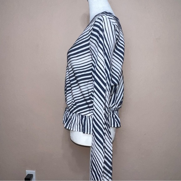 Express Striped Peplum Top Long Bell Sleeves Faux Wrap Back Deep V-neck Small - Picture 2 of 8